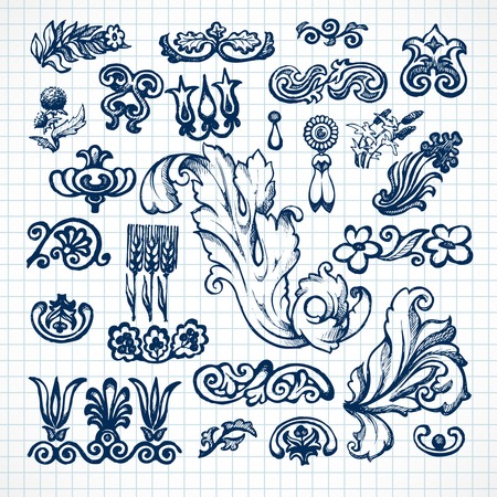 Floral and leaves decorative elements sketch  set on squared paper isolated vector illustrationのイラスト素材