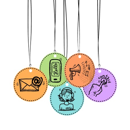 Contact us phone customer service user support hang tags sketch set vector illustrationのイラスト素材