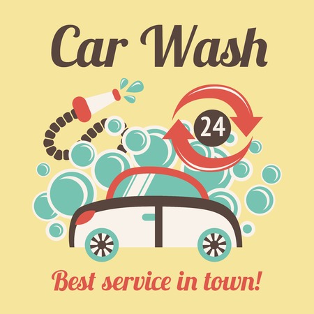 Car wash auto cleaner best service in town 24h poster vector illustration.のイラスト素材