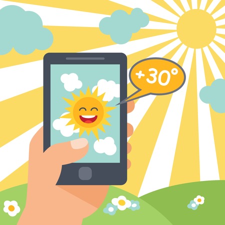 Weather forecast heat smart phone poster with smiling sun vector illustrationのイラスト素材