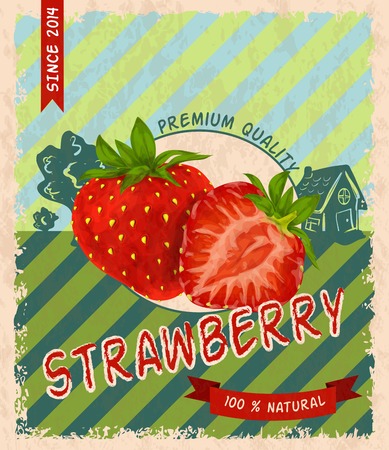 Natural fresh organic sweet garden strawberry premium quality retro poster vector illustrationのイラスト素材