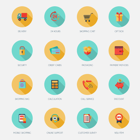 E-commerce shopping icons flat set of delivery shopping cart gift box isolated vector illustrationのイラスト素材