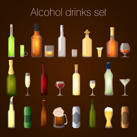 Alcohol drinks bottles and glass set of wine beer champagne martini isolated vector illustrationのイラスト素材