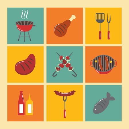 Fish and meat bbq food fire outdoor party icons flat set isolated vector illustrationのイラスト素材