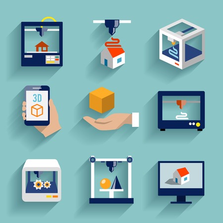 Printer 3d flat icons set of modern architecture futuristic building process isolated vector illustrationのイラスト素材