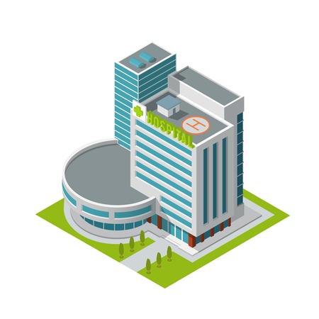 Modern 3d urban hospital building with helipad on the roof isometric isolated vector illustrationのイラスト素材