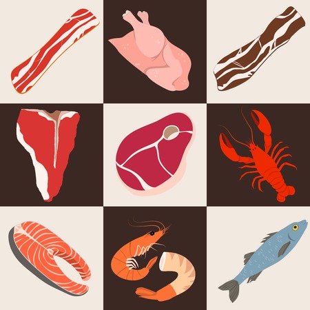 Food fish and meat flat icons collection of chicken shrimp bacon vector illustrationのイラスト素材
