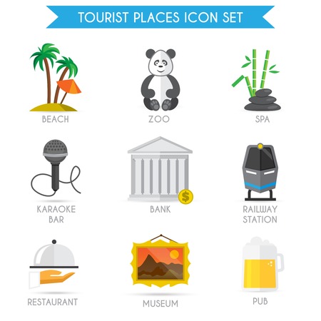 Building decorative tourist places icons set of beach zoo spa isolated vector illustrationのイラスト素材