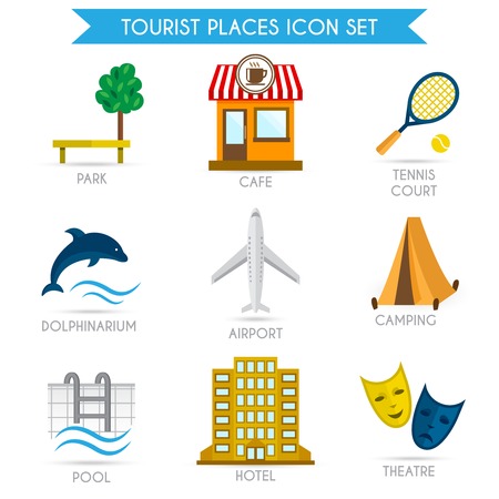 Tourist places decorative icons set of park cafe tennis court isolated vector illustrationのイラスト素材