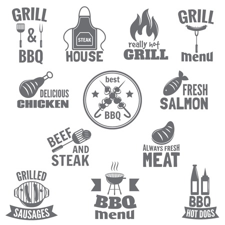 Bbq grill label steak fish and meat restaurant menu set isolated vector illustrationのイラスト素材