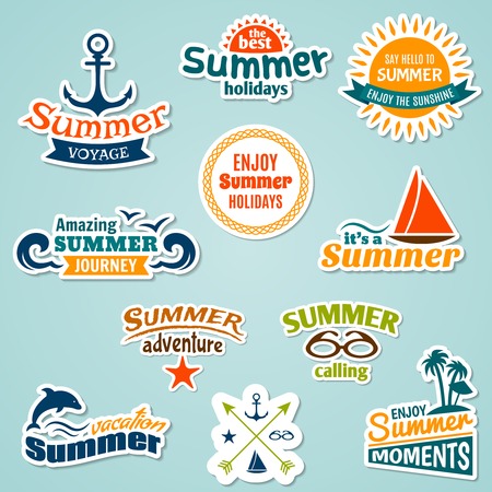 Summer sea tropical vacation journey holidays sticker set isolated vector illustrationのイラスト素材