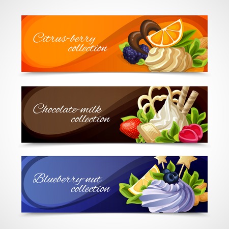 Decorative sweet desserts horizontal banners citrus berry chocolate milk blueberry nut collection vector illustrationのイラスト素材