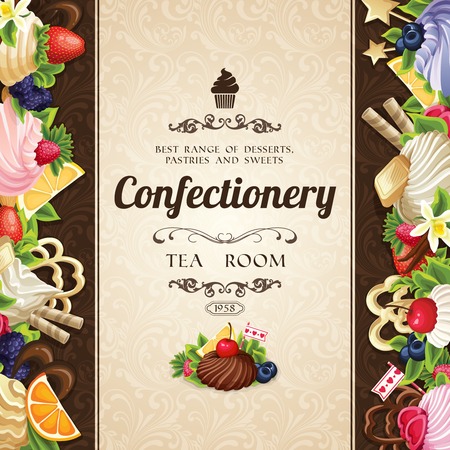 Sweets desserts food confectionery tea room cover decorative design vector illustrationのイラスト素材