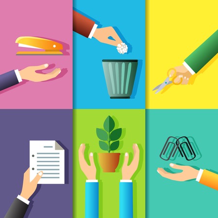 Business hands gestures design elements of office stationery and plant isolated vector illustrationのイラスト素材