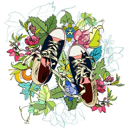 Colored funky teenagers gumshoes with flower background vector illustrationのイラスト素材