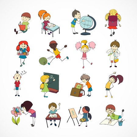 Decorative reading learning singing and playing football school children with backpack doodle sketch vector illustrationのイラスト素材