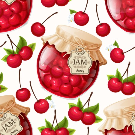 Natural organic cherry berries jam jar and leaves seamless pattern vector illustrationのイラスト素材