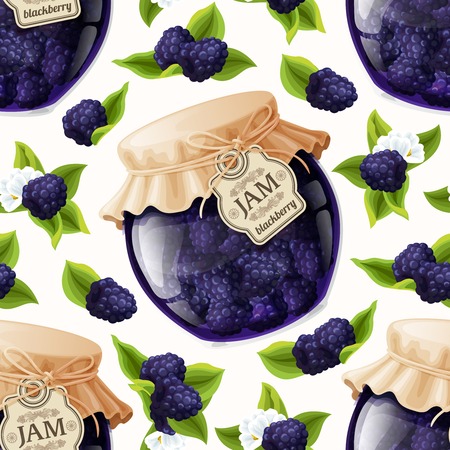 Natural organic homemade forest blackberry jam jar seamless pattern vector illustrationのイラスト素材