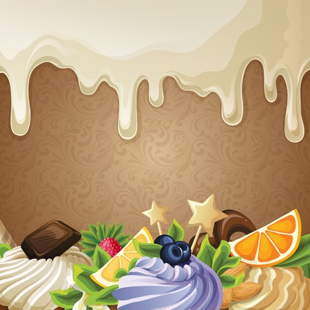 Sweets dessert background with white chocolate syrup nuts cream and decoration vector illustrationのイラスト素材