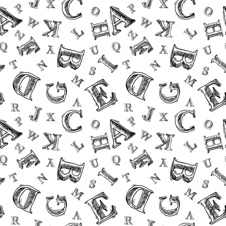 Sketch hand drawn alphabet black and white font letters seamless pattern vector illustrationのイラスト素材