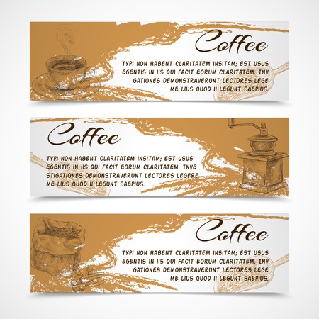 Horizontal retro black strong coffee aroma banners set with beans grinder and coffeepot doodle handdrawn vector illustrationのイラスト素材
