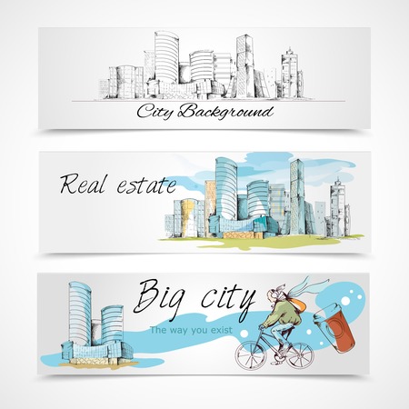 Modern urban big city abstract design horizontal banners set vector illustrationのイラスト素材