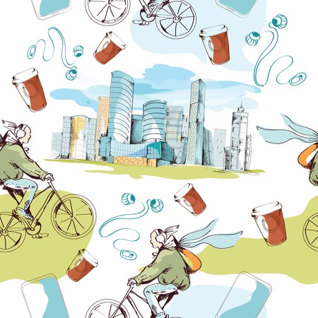 Modern urban city sketch seamless pattern with skyscrapers and bicyclists vector illustrationのイラスト素材