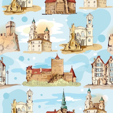 Old city buildings hand drawn decorative elements seamless pattern vector illustrationのイラスト素材