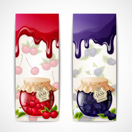 Natural organic cherry and blackberry jam glass jar vertical banners isolated vector illustrationのイラスト素材