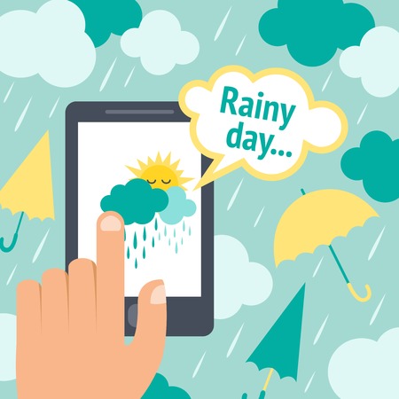 Weather forecast rainy day smart phone poster with clouds and umbrellas vector illustrationのイラスト素材
