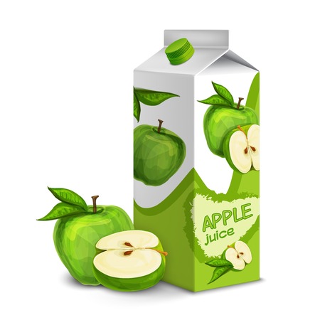 Juice carton box pack 3d with whole and cut apple isolated vector illustrationのイラスト素材