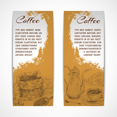 Two vertical retro espresso coffee set collection banners with beans grinder and coffeepot doodle handdrawn vector illustrationのイラスト素材
