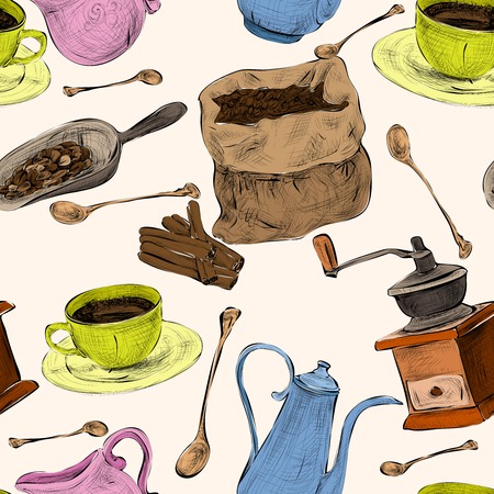 Decorative retro coffee set design cappuccino cup cream sugar color handdrawn seamless background doodle vector illustrationのイラスト素材