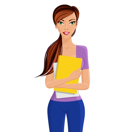 Young elegant beautiful student girl standing holding yellow study documents folder in hands isolated vector illustrationのイラスト素材
