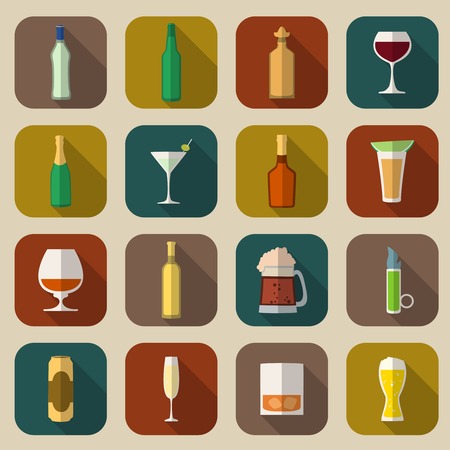 Alcohol drinks bottles and glass icons flat set of tequila vermouth whiskey isolated vector illustrationのイラスト素材