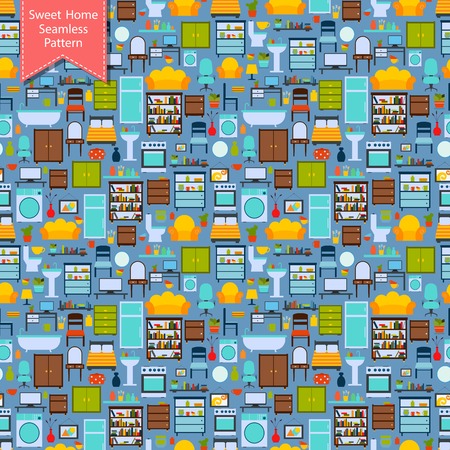 Home interior furniture seamless pattern with book shelf washing machine couch wardrobe vector illustrationのイラスト素材