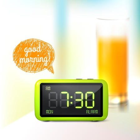 Realistic digital alarm clock with lcd display and glass of orange juice good morning background vector illustrationのイラスト素材