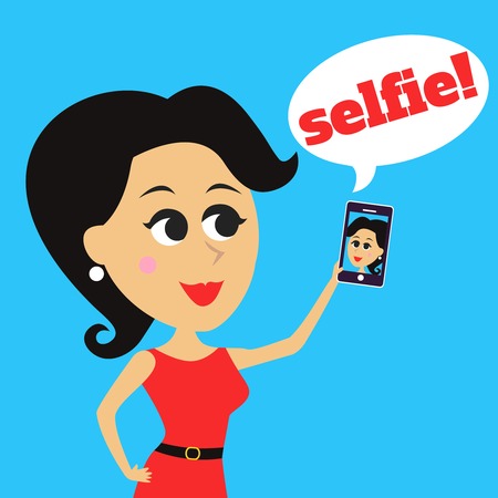 Cute pretty girl takes selfie makes self portrait with mobile phone vector illustrationのイラスト素材