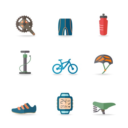 Bicycle bike sport fitness flat icons set with hand pump seat helmet isolated vector illustrationのイラスト素材