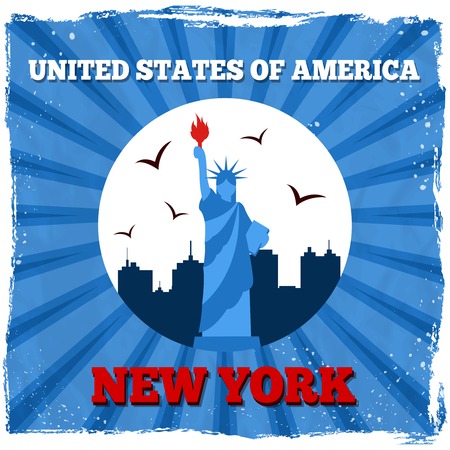 New York USA retro poster statue of liberty skyline vector illustrationのイラスト素材