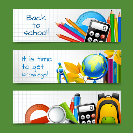 Squared notebook paper back to school education knowledge time banners set isolated vector illustrationのイラスト素材