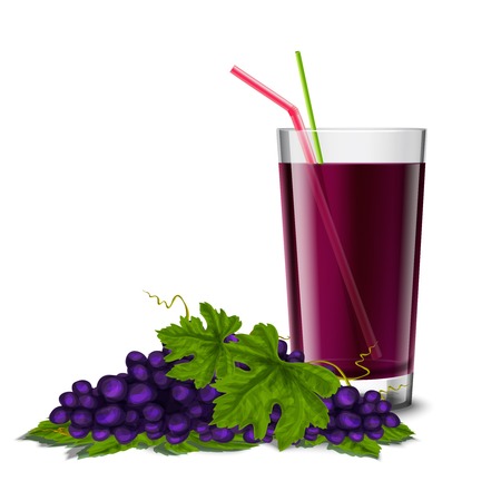 Realistic glass full of juice drink with cocktail straw and grape branch isolated on white background vector illustrationのイラスト素材