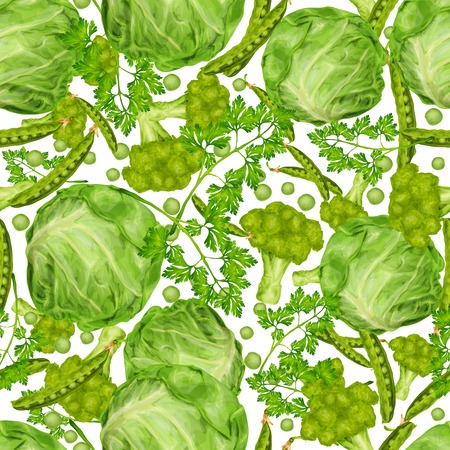 Green vegetable organic food seamless pattern with cabbage parsley peas vector illustration.のイラスト素材