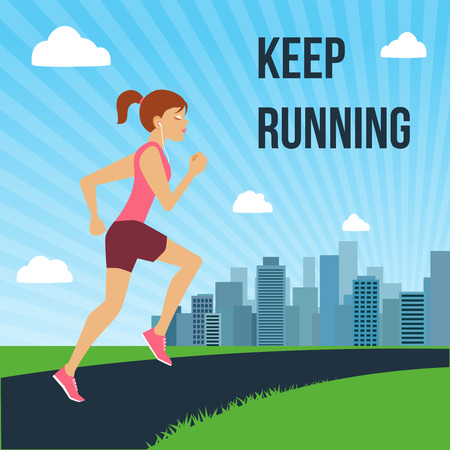 Running jogging attractive woman on city skyline background poster vector illustrationのイラスト素材