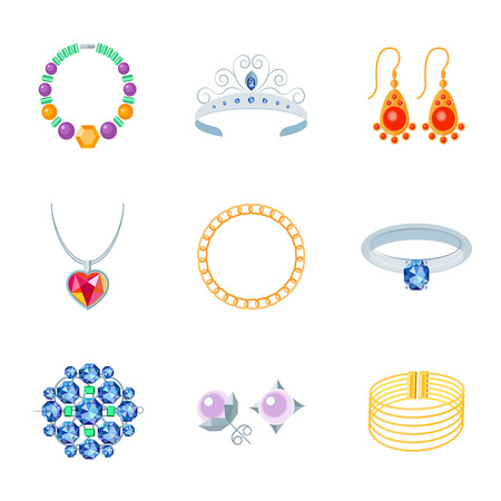 Jewelry flat icons set of necklace tiara earrings isolated vector illustrationのイラスト素材