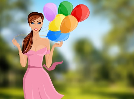 Young cheerful woman with colored balloons portrait on outdoor background vector illustrationのイラスト素材
