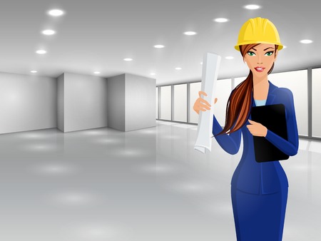Beautiful woman business lady engineer in helmet with documents on business office background vector illustrationのイラスト素材