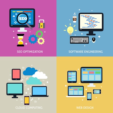 Business process concept of seo optimization programming cloud computing mobile and website design icons set vector illustrationのイラスト素材