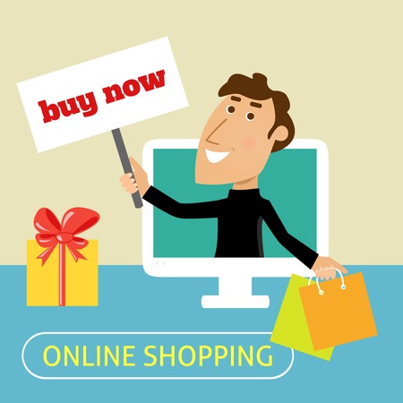 Online shopping concept with man with bags and buy now sign in computer monitor vector illustrationのイラスト素材