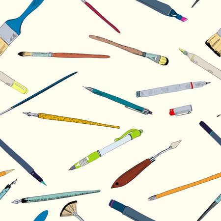 Decorative drawing painting artist tools round brush pencil angular marker seamless pattern design vector doodle sketch illustrationのイラスト素材